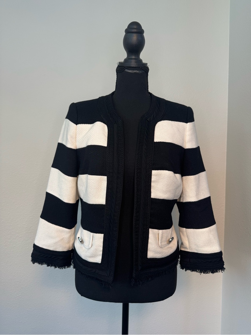 White House Black Market Striped Fringe Trim Open Front Jacket Size 6